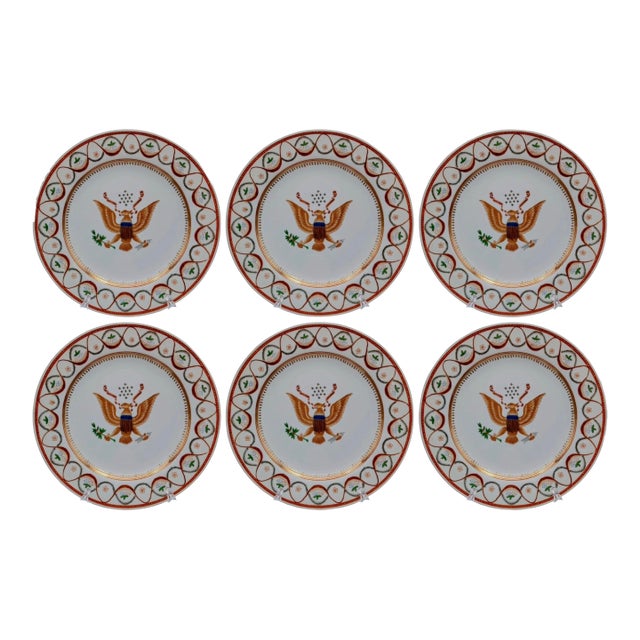 Antique Chinese Export Porcelain Dinner Plates, American Eagle Great Seal, Set of 6, Circa 1900 For Sale