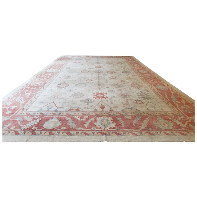 Turkish Oushak Carpet, 1950s, Handmade Oriental Rug, Beige, Taupe, Coral For Sale - Image 12 of 18