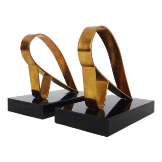 Art Deco Modernist Gold Starry Bookends on Black Marble Bases, 1930s, Set of 2 For Sale