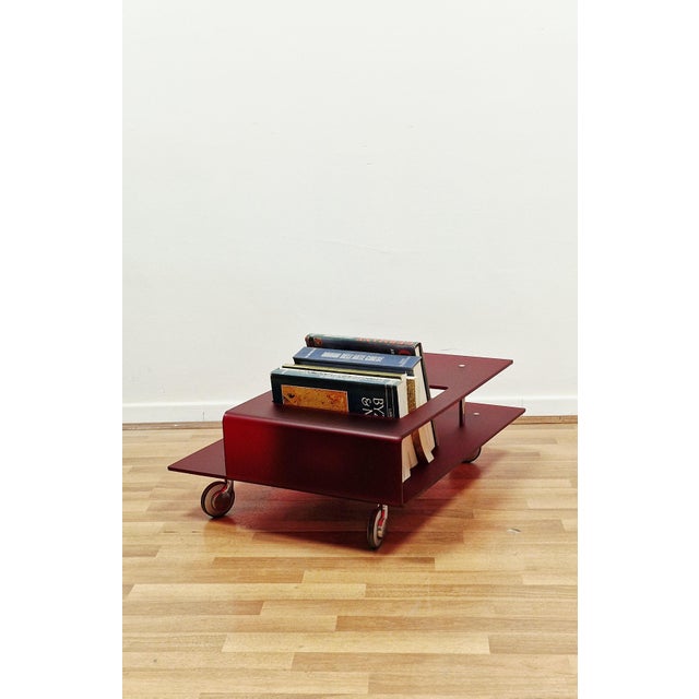 Italian Coffee Table in Burgundy Acrylic Glass and Chrome Wheels, 1990s For Sale - Image 4 of 14