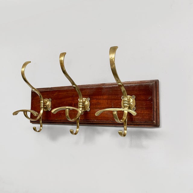 Italian Art Nouveau Wall Coat Rack in Wood and Brass, 1920s For Sale - Image 11 of 11