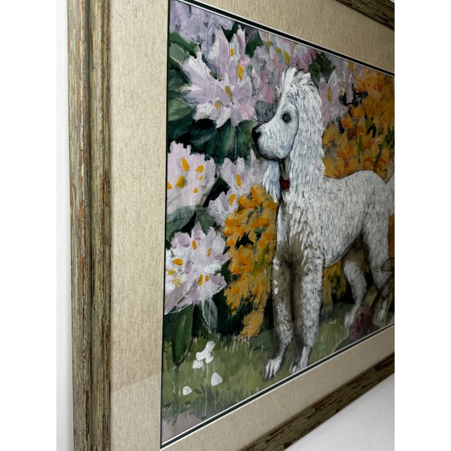 Portrait Painting White Poodle Dog With Rhododendron Flowers by Charles Frederick Tunnicliffe For Sale - Image 6 of 12