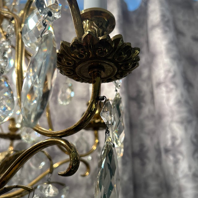 Brass and Crystal Tear Drop Multi Arm Chandelier For Sale - Image 9 of 11