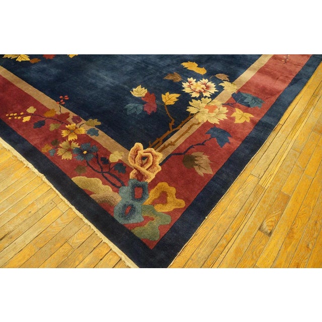 1920s Blue Field Floral Antique Chinese Art Deco Carpet 9' X 11'8" Knotted Wool Rug For Sale - Image 11 of 12