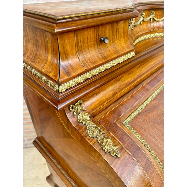 1930s French Louis XV Style Marquetry Bureau With Brass Mounts For Sale - Image 9 of 11