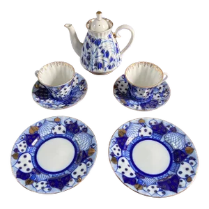 1990s Blue and White Lomonosov Tea Service- 8 Pieces