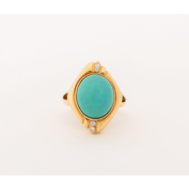 Contemporary Vintage Modernist 14k Yellow Gold Turquoise Diamond Ring For Sale - Image 3 of 7