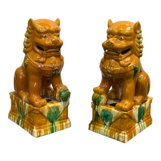 Pair Chinese Tri-Color Mustard Yellow Glaze Fengshui Lions Foo Dogs For Sale