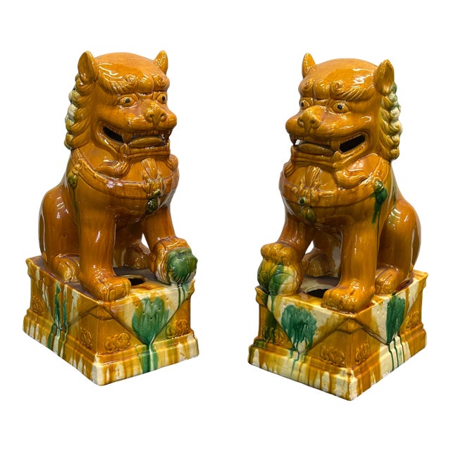 Pair Chinese Tri-Color Mustard Yellow Glaze Fengshui Lions Foo Dogs For Sale