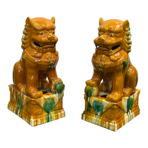 Pair Chinese Tri-Color Mustard Yellow Glaze Fengshui Lions Foo Dogs