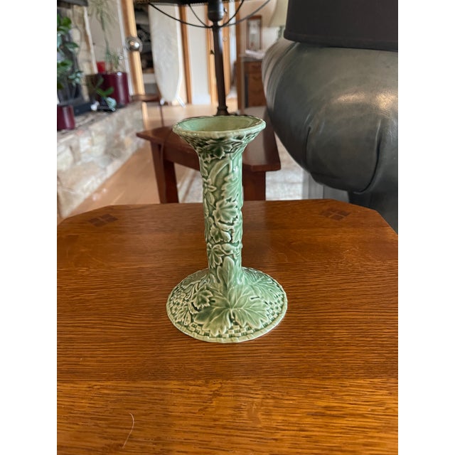 Farmhouse Portugal Bordallo Pinheiro Green Majolica Ivy-Patterned 6" Ceramic Candlestick Holder For Sale - Image 3 of 4