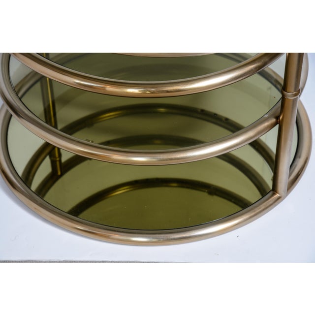 1970s Milo Baughman Style Four-Tier Brass and Smoked Glass Swivel Accent Table For Sale - Image 5 of 9