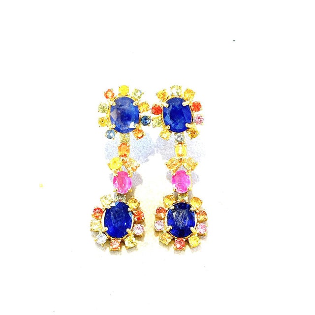 Baroque Bochic "Capri" Blue & Multi Sapphire & Ruby Earrings Set In 18K Gold & Silver For Sale - Image 3 of 18