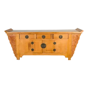 19th Century Qing Dynasty Natural Wood Carved Spandrel Sideboard