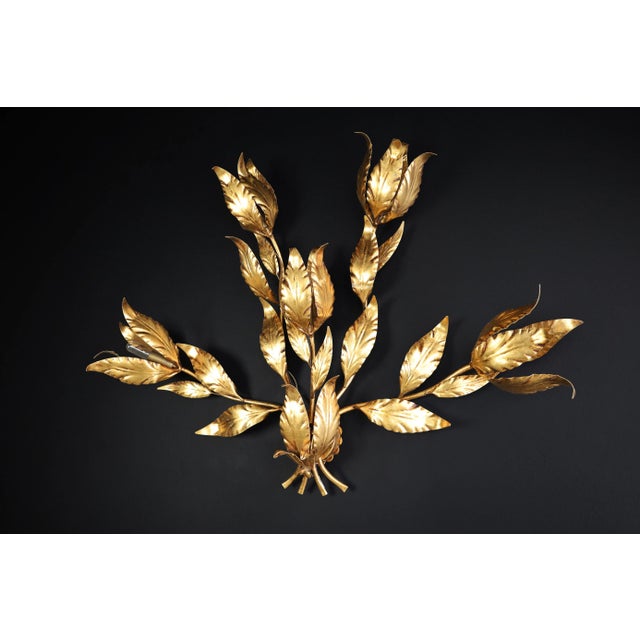 Gold Vintage German Gilded Metal Floral Leaf Monumental Wall Sconce by Hans Kögl, 1970s For Sale - Image 8 of 11