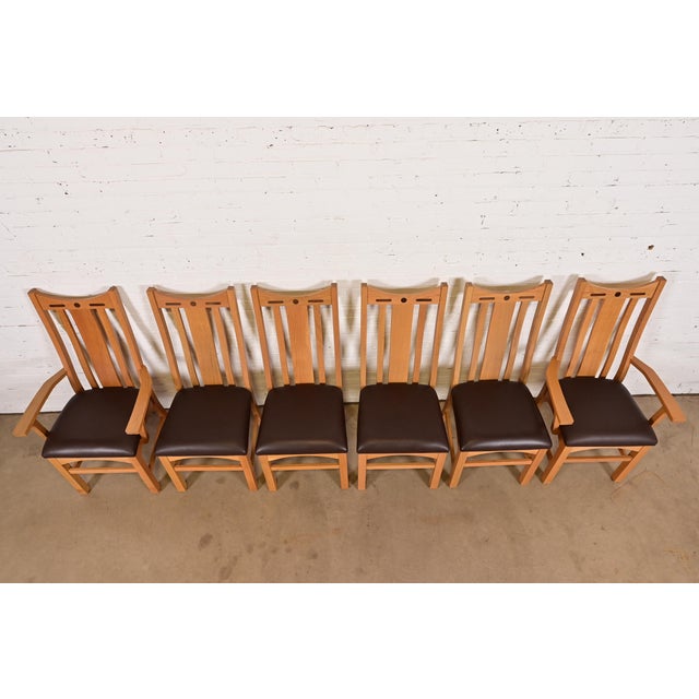 Late 20th Century Stickley Style Mission Oak Arts & Crafts High Back Dining Chairs, Set of Six For Sale - Image 5 of 12