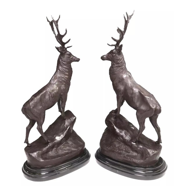 Late 20th Century Patinated, Large, After Jules Moigniez, Marble Base, Bronze Stag Sculptures, Set of 2!! For Sale - Image 5 of 10