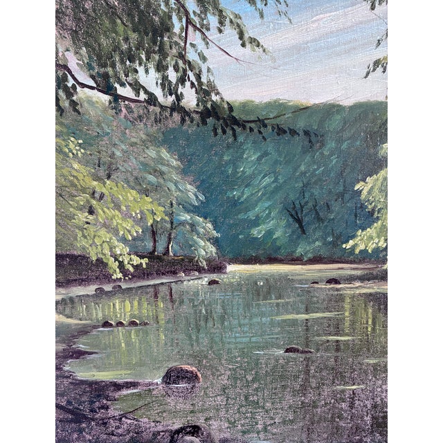 Vintage Woodland Lake Oil Painting, Forest Landscape Art - Signed For Sale - Image 9 of 14