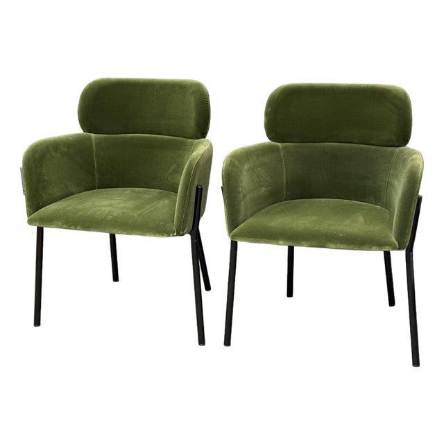 Caleb Zipperer for Cb2 Azalea Forest Green Logan Velvet Armchairs, Pair For Sale