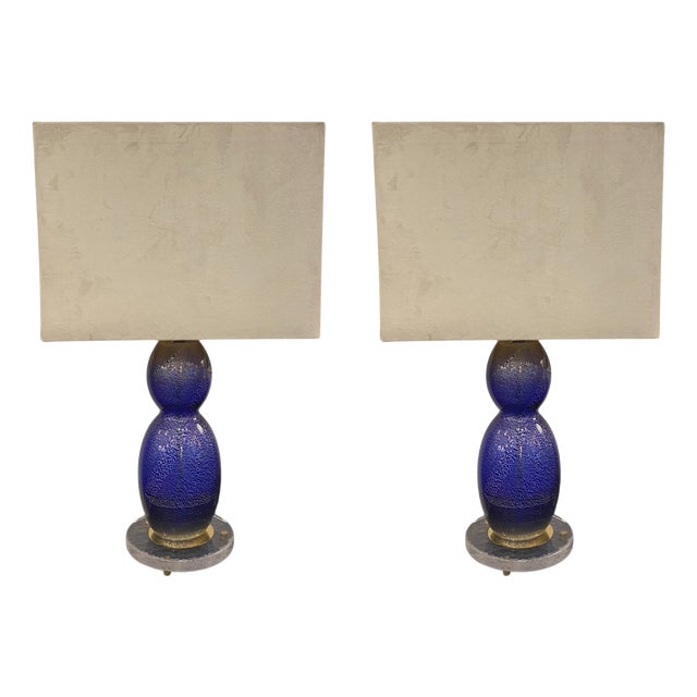Blue and Silver Murano Glass Lamps, 1970s, Set of 2 For Sale