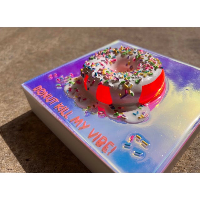 S Donut Kill My Vibe #2 by Ana Hefco | Mixed Media on Wood Featuring a Colorful Donut For Sale - Image 4 of 5