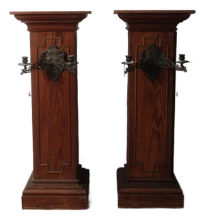 Pair of Gothic Revival Church Pedestal Stands With Wrought Iron Candle Sconces