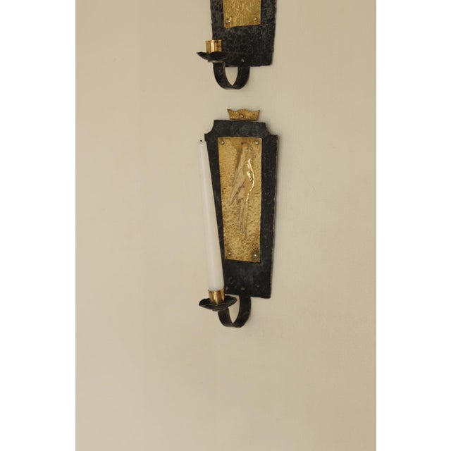 Mid-Century Modern Swedish Brass and Wrought Iron Sconces with Bird Motifs, Set of 2 For Sale - Image 9 of 14