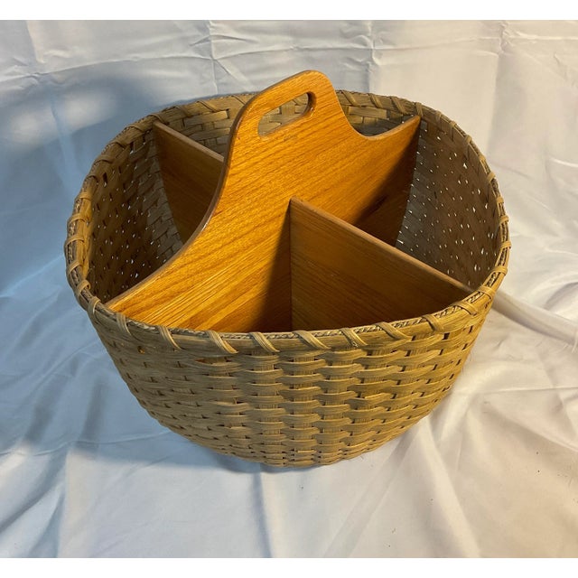 Tan Handwoven Wooden and Reed Divided Basket For Sale - Image 8 of 8