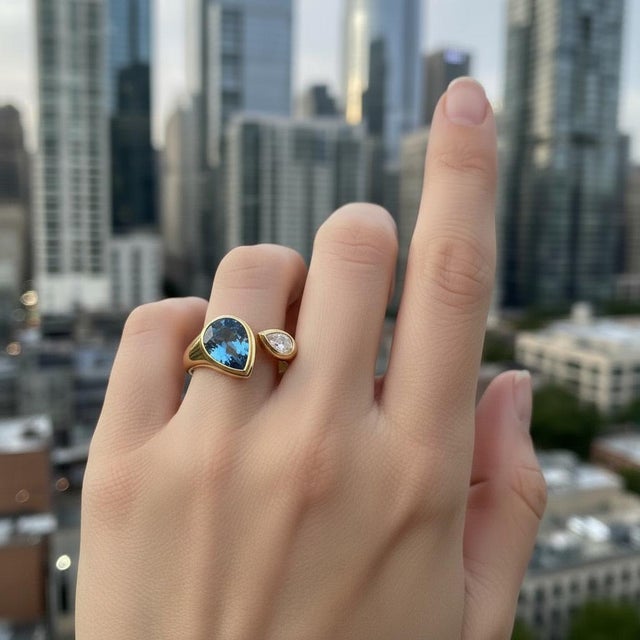 Blue Toi Et Moi Gemstone Ring: Topaz and Moissanite, Size 7.5 For Sale - Image 8 of 8
