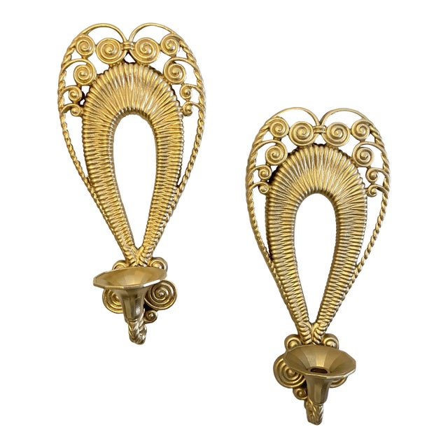 2 VTG Egyptian Inspired Ornate Faux Wicker & Rattan Scrolled Homco Candle Holders Set, Wall Hanging Decorative Candle Votives Gilded Gold Wall Sconces For Sale