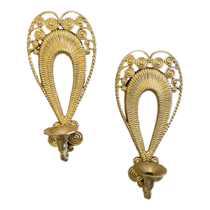 2 VTG Egyptian Inspired Ornate Faux Wicker & Rattan Scrolled Homco Candle Holders Set, Wall Hanging Decorative Candle Votives Gilded Gold Wall Sconces