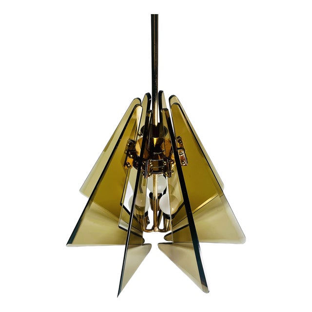 Tinted Glass and Brass Hanging Lamp by Gino Paroldo for Fontana Arte, 1950s For Sale