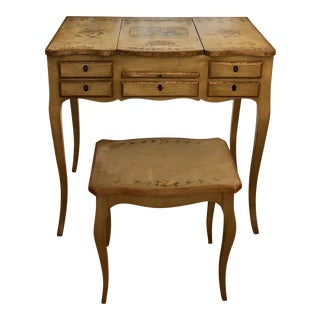 1920s Antique Hand Painted French Vanity With Bench-a Pair For Sale