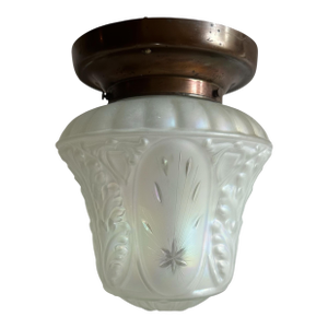Frosted Iridescent Glass With Embossed Wheat, Starburst and Acanthus Leaf Pattern on Brass Flushmount