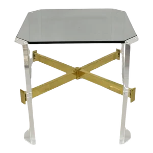 Late 20th Century Mid Century Modern Lucite & Glass Top Occasional Side Table W Brass Stretcher