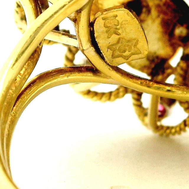 Italian 18k Gold Lapis, Coral, Ruby & Diamond Cocktail Ring, 1970s, Size 7 For Sale - Image 16 of 18