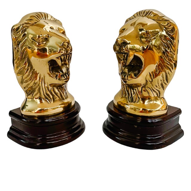 Mid 20th Century Mid 20th Century Solid Brass Roaring Lion Bookends on Wood Bases - A Pair For Sale - Image 5 of 7