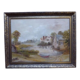 Cottage by the River, 1965, Oil Painting on Board, Framed For Sale
