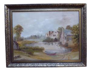 Cottage by the River, 1965, Oil Painting on Board, Framed