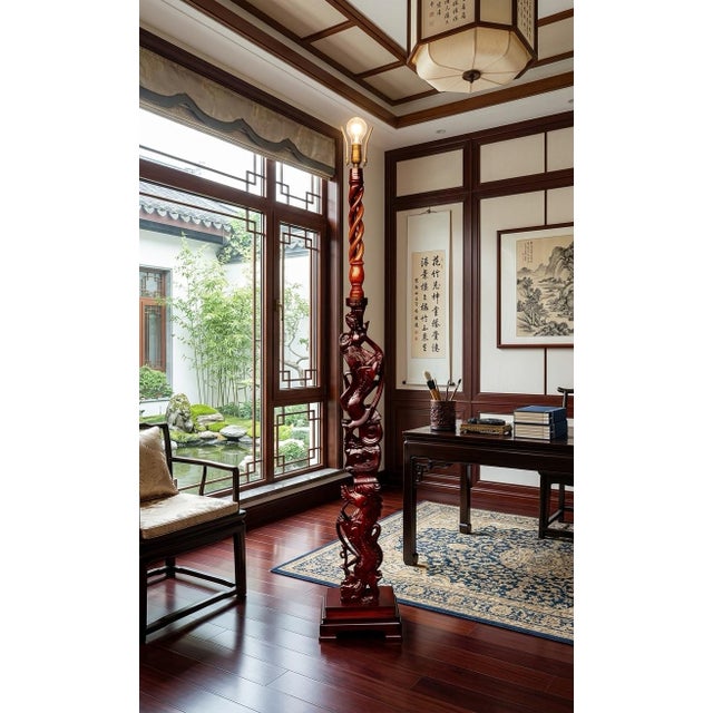 Brown Vintage Chinoiserie - Intricately Hand Carved Double Guardian Lions (Shishi) Floor Lamp With Helix/Barley Twist Top Section Floor Lamp For Sale - Image 8 of 12