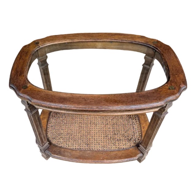 Vintage Two Tier Oval Glass Wood Woven Cane End Table Mid Century Neoclassical. For Sale