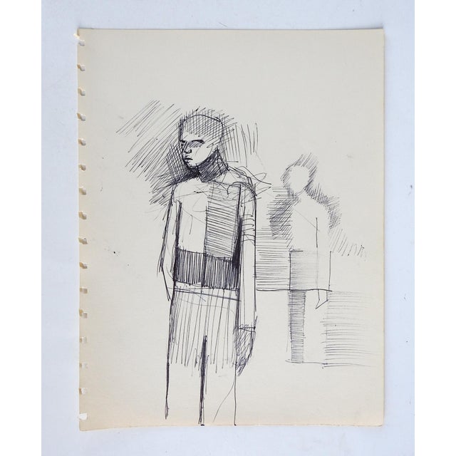 Mid century pen and ink on paper abstract figure drawing. Unsigned. Unframed, age toning, sketch book perforations.