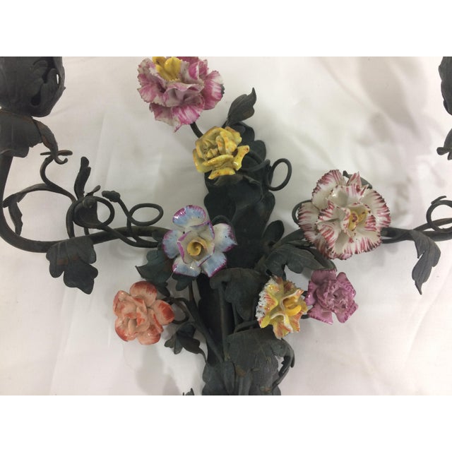 French Sconces with Porcelain Flowers - A Pair For Sale - Image 5 of 6