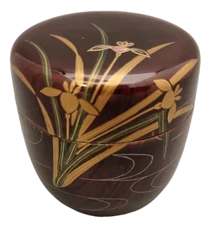 Vintage Japanese Netsuke Matcha Container with Maki-E Lacquer in Bordeaux Colour with Irises and Decorative Inlay, 1960s