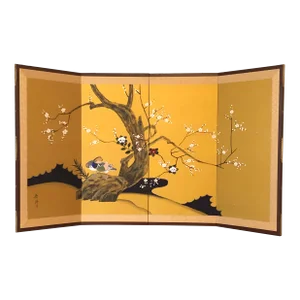 Vintage Mid-20th Century Hand-Painted Japanese Silk Screen With Wild Bird Motif