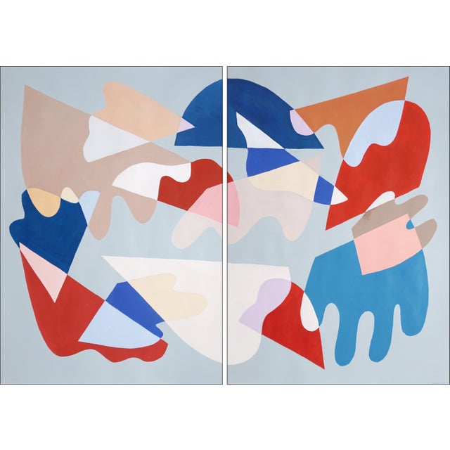2025, Abstract Memphis Floating Shapes, Shattered Tiles, Large Diptych in Red and Blue, Acrylic Painting on Watercolor Paper by Ryan Rivadeneyra For Sale