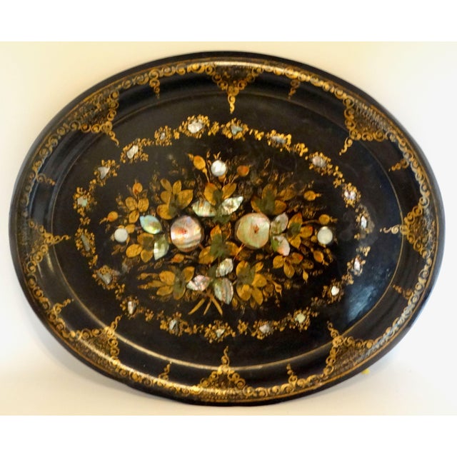 Black 19th Century English Papier-Mâché Chinoiserie Tray. With Mother of Pearl Inlay For Sale - Image 8 of 11