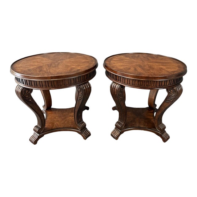 Pair of Round Banded Top Side Tables For Sale