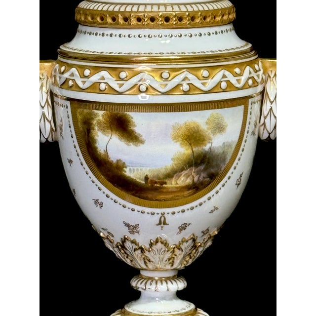 White Antique Royal Worcester Neoclassical Matched White and Gilt (Gold) Porcelain Covered Urns W/ Landscaped Panels by Harry Davis, a Pair, England 1912. For Sale - Image 8 of 12
