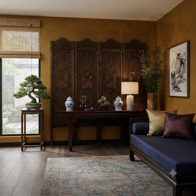 1980s Oriental Rustic Vintage Finish Openwork Geometric 4 Panels Wood Floor Screen For Sale - Image 5 of 10